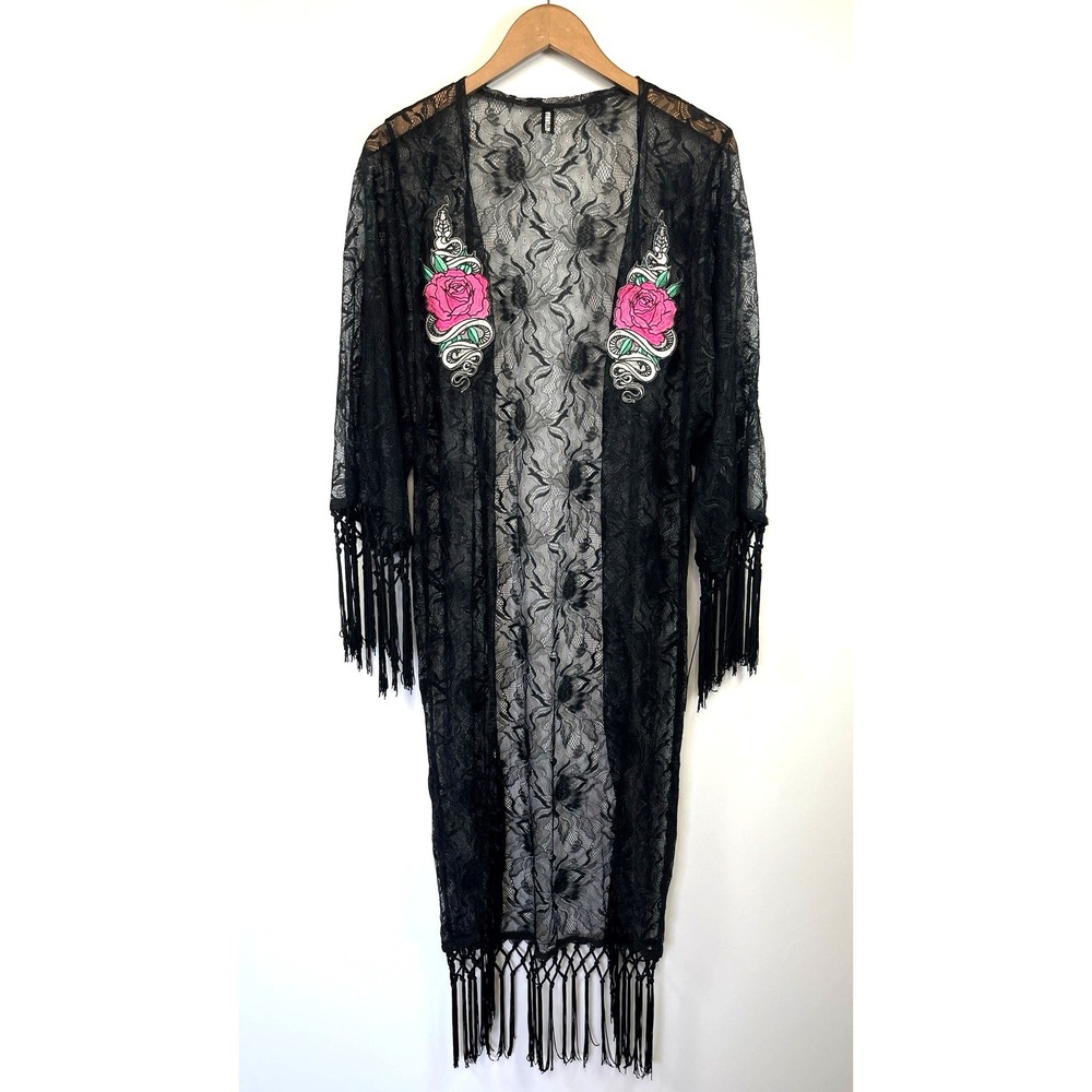 Womens Open Lace Festival Mesh Kimono Top Size L Black Rose & Snake Whimsigoth
